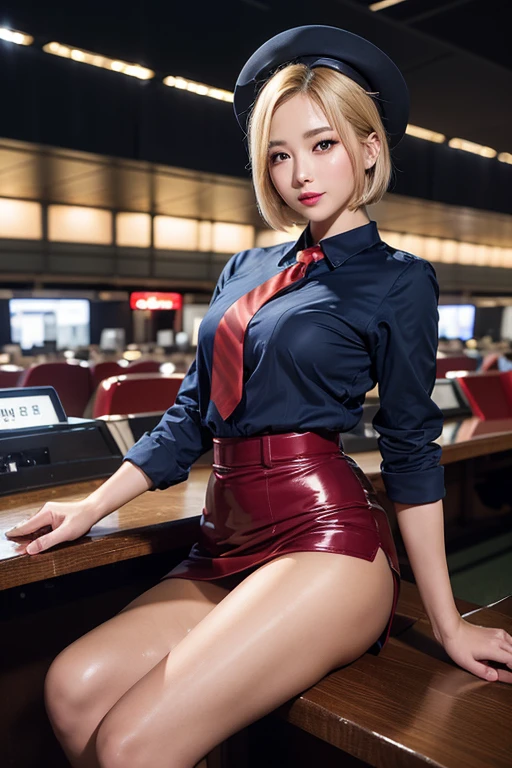 Highest quality，Ultra HD，(((whole body,with legs)))、(((Japanese flight attendant uniform 1.6))), (((Red striped tie, Tight Skirt，best-dressed uniform、Tekast, white formal short gloves,(黒のHigh heels), ((holding a mini microphone)),Japan CA，A small smile,白いTight blouse)))、((navy bowler hat 1.4)), White gloves, High heels、(Realistic:1.4)、(Surreal:1.4)、(Realistic:1.3)、 (Gentle lighting: 1.05)、32K、 One Woman、35-year-old woman、Realistic Lighting、Backlight、Facial Light、Ray Tracing、(bright:1.2)、(Improvement of quality:1.4)、 (Highest qualityのリアルテクスチャスキン)、Beautiful Eyes,delicate and elegant features, White blouse,Tight blouse,tight best-dressed uniform, (Show your body line beautifully:1.1),((Glowing Skin 1.4))、((Blonde short bob 1.5)),Korean Idol、Idol Pose、A small smile,blush,Beautiful actress、A proper woman,whole body, (((Small breasts))),(Perfect teeth alignment),narrow waist and hips,Beautiful feet,Full Shot)、(((charm、Embarrassing))),(eye shadow),((Red cheeks、Red lips)),Very beautiful night view、At night,A small smile,(((Full Shot)))、(((airport terminal background 1.5))),