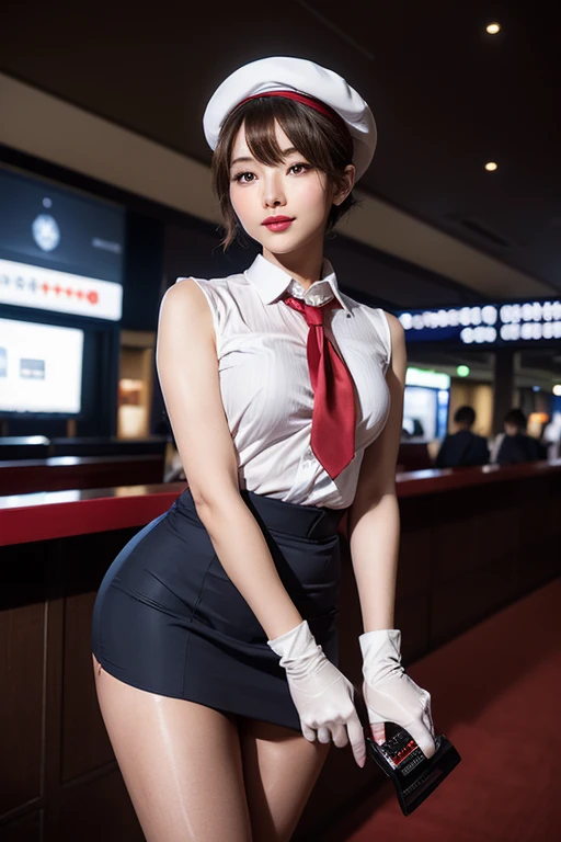 Highest quality，Ultra HD，(((whole body,with legs)))、(((Japanese flight attendant uniform 1.6))), (((Red striped tie, Tight Skirt，best-dressed uniform、Tekast, white formal short gloves,(黒のHigh heels), ((holding a mini microphone)),Japan CA，A small smile,白いTight blouse)))、((navy bowler hat 1.4)), White gloves, High heels、(Realistic:1.4)、(Surreal:1.4)、(Realistic:1.3)、 (Gentle lighting: 1.05)、32K、 One Woman、35-year-old woman、Realistic Lighting、Backlight、Facial Light、Ray Tracing、(bright:1.2)、(Improvement of quality:1.4)、 (Highest qualityのリアルテクスチャスキン)、Beautiful Eyes,delicate and elegant features, White blouse,Tight blouse,tight best-dressed uniform, (Show your body line beautifully:1.1),((Glowing Skin 1.4))、((Blonde short bob 1.5)),Korean Idol、Idol Pose、A small smile,blush,Beautiful actress、A proper woman,whole body, (((Small breasts))),(Perfect teeth alignment),narrow waist and hips,Beautiful feet,Full Shot)、(((charm、Embarrassing))),(eye shadow),((Red cheeks、Red lips)),Very beautiful night view、At night,A small smile,(((Full Shot)))、(((airport terminal background 1.5))),