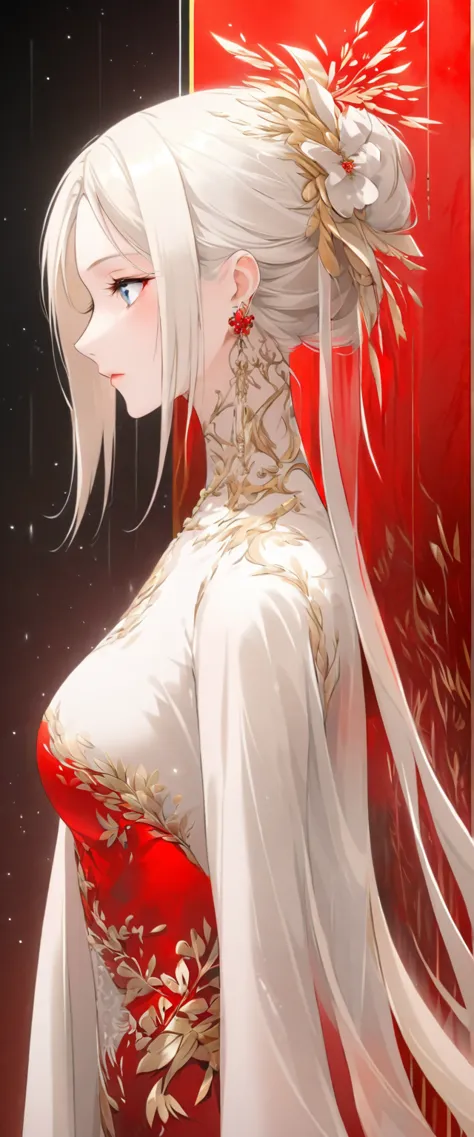 using smooth white lines on a red canvas、draw an elegant and beautiful female profile。