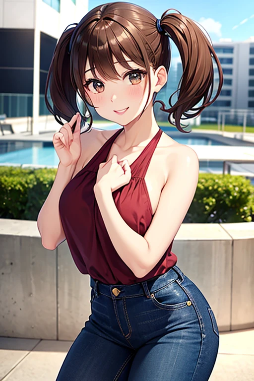 Yumi Fukuzawa、Shiny brown hair,Medium Hair, 、(( , Twin tails、)),Beautiful brown eyes、Sparkling eyes, fine grain、smile、Very fine eye、Very detailed顔, Very detailed目,Cowboy Shot、

 masterpiece, Highest quality, Very detailed, Ultra-high resolution, Idol Catalyst,  One girl, alone,  Glossy Lips, Fuller lips, city, Halter top, jeans, View your viewers
 