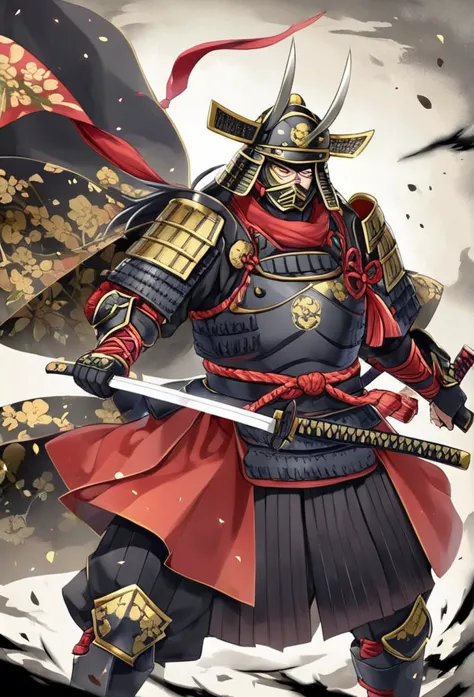 sengoku warlord with a knife、eye patch、samurai armor