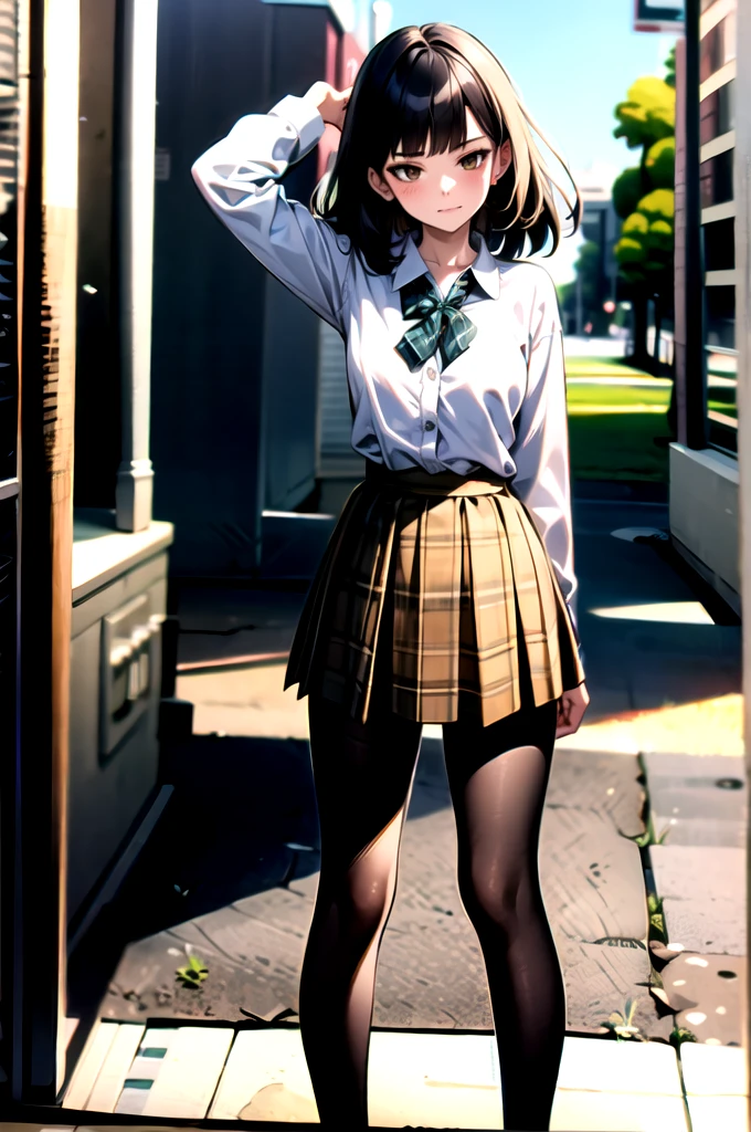 （（super high quality,Ultra-high resolution,4K,8k,super masterpiece,Ultra HD ,Detailed shading））,Full body photo,The park on a morning with a breeze,1 high school girl,blazer,White dress shirt unbuttoned to the second button,The collar is flapping in the wind.,A bright yellow striped bow tie,Brown plaid mini skirt,Skirt blown up by the wind,Holding a skirt with one's hand,black tights,Long black straight hair,The wind messes up my hair,Side-swept bangs,Put your hands on your head,Sharp gaze with raised eyebrows,Laughter,blush,Embarrassing,Leaning the body diagonally and tilting it forward,Sweaty,