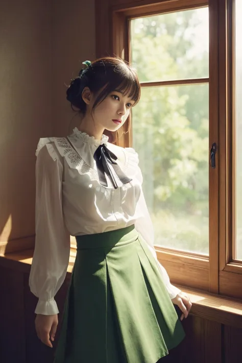 (indoor), (window), (masterpiece), (最high quality), (very detailedな), (best shadow), (photorealistic:1.4), frilled blouse, skirt...