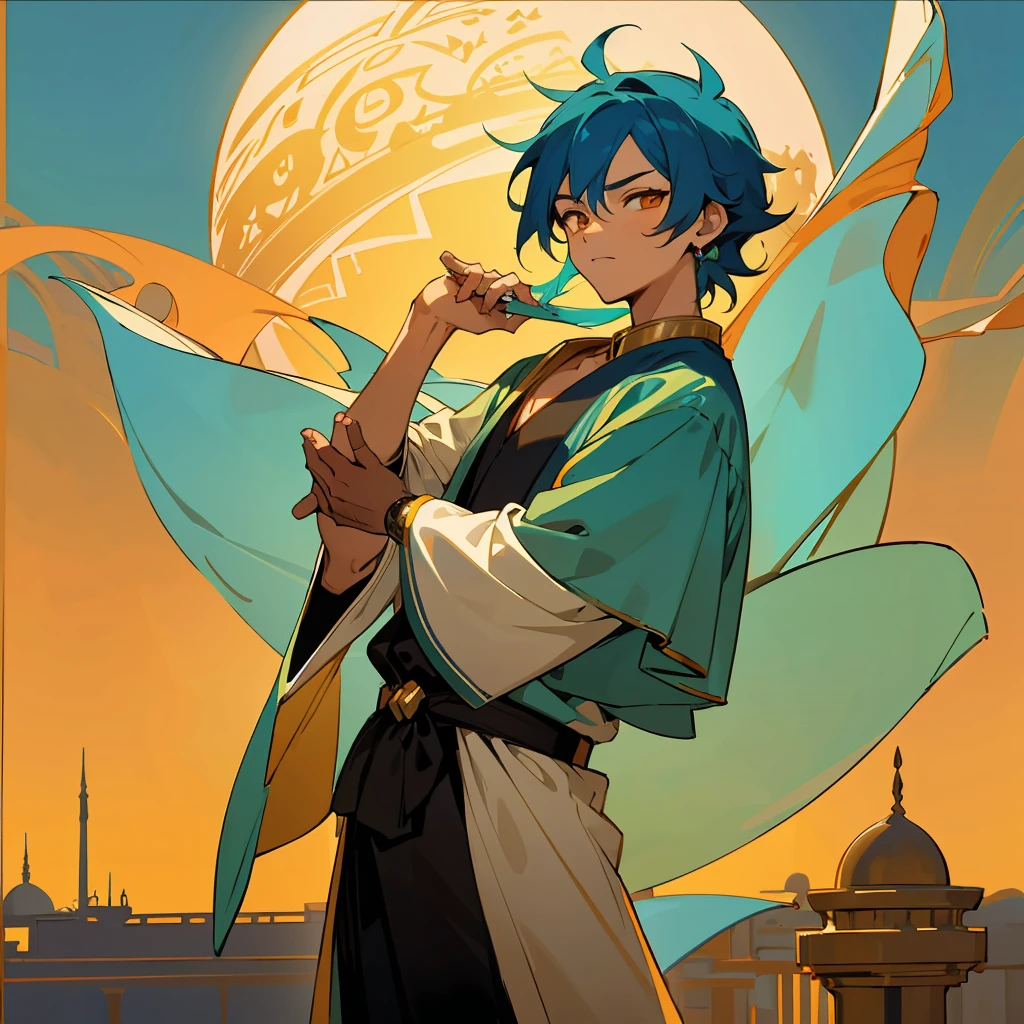 1 boy, Turquoise hair, orange eyes, Arabian style, handsome, 15 years old kid, orange eye liner, soft smile closing eyes, ancient Arabic clothes, Arabian nights, Egyptian style, middle eastern style, dressed in an elegant Saudi-style thobe, Aladdin, embracing the enchanting atmosphere of the Middle East