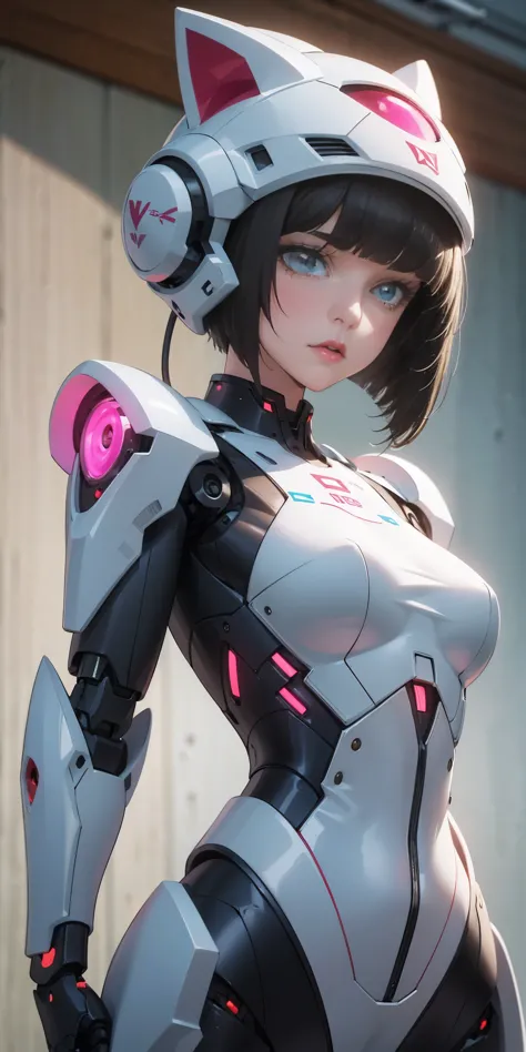 there is a woman in a robot suit posing next to an ancient building, beautiful white girl half cyborg, cute cyborg girl, beautif...