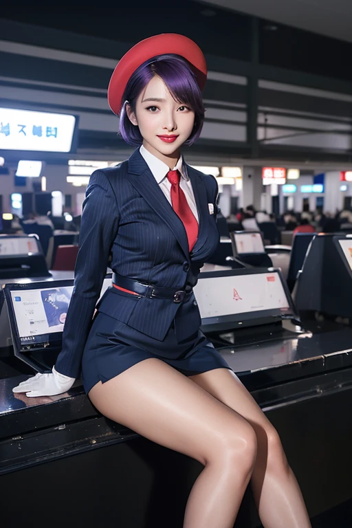 Highest quality，Ultra HD，(((whole body,with legs)))、(((Japanese flight attendant uniform 1.6))), (((Red striped tie, Tight Skirt，best-dressed uniform、Tekast, white formal short gloves,(黒のHigh heels), ((holding a mini microphone)),Japan CA，A small smile,白いTight blouse)))、((navy bowler hat 1.4)), White gloves, High heels、(Realistic:1.4)、(Surreal:1.4)、(Realistic:1.3)、 (Gentle lighting: 1.05)、32K、 One Woman、35-year-old woman、Realistic Lighting、Backlight、Facial Light、Ray Tracing、(bright:1.2)、(Improvement of quality:1.4)、 (Highest qualityのリアルテクスチャスキン)、Beautiful Eyes,delicate and elegant features, White blouse,Tight blouse,tight best-dressed uniform, (Show your body line beautifully:1.1),((Glowing Skin 1.4))、((Short bob with purple hair 1.5)),Korean Idol、Idol Pose、A small smile,blush,Beautiful actress、A proper woman,whole body, (((Small breasts))),(Perfect teeth alignment),narrow waist and hips,Beautiful feet,Full Shot)、(((charm、Embarrassing))),(eye shadow),((Red cheeks、Red lips)),Very beautiful night view、At night,A small smile,(((Full Shot)))、(((airport terminal background 1.5))),