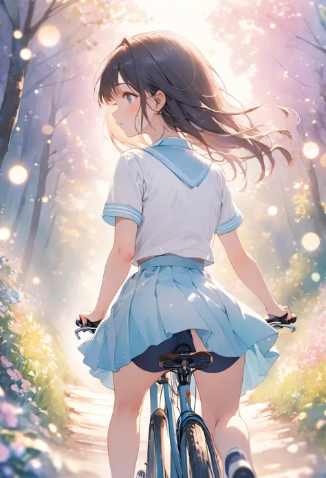 masterpiece, best quality, extremely detailed cg unity 8k wallpaper, anime illustration of a high school girl riding a bicycle d...