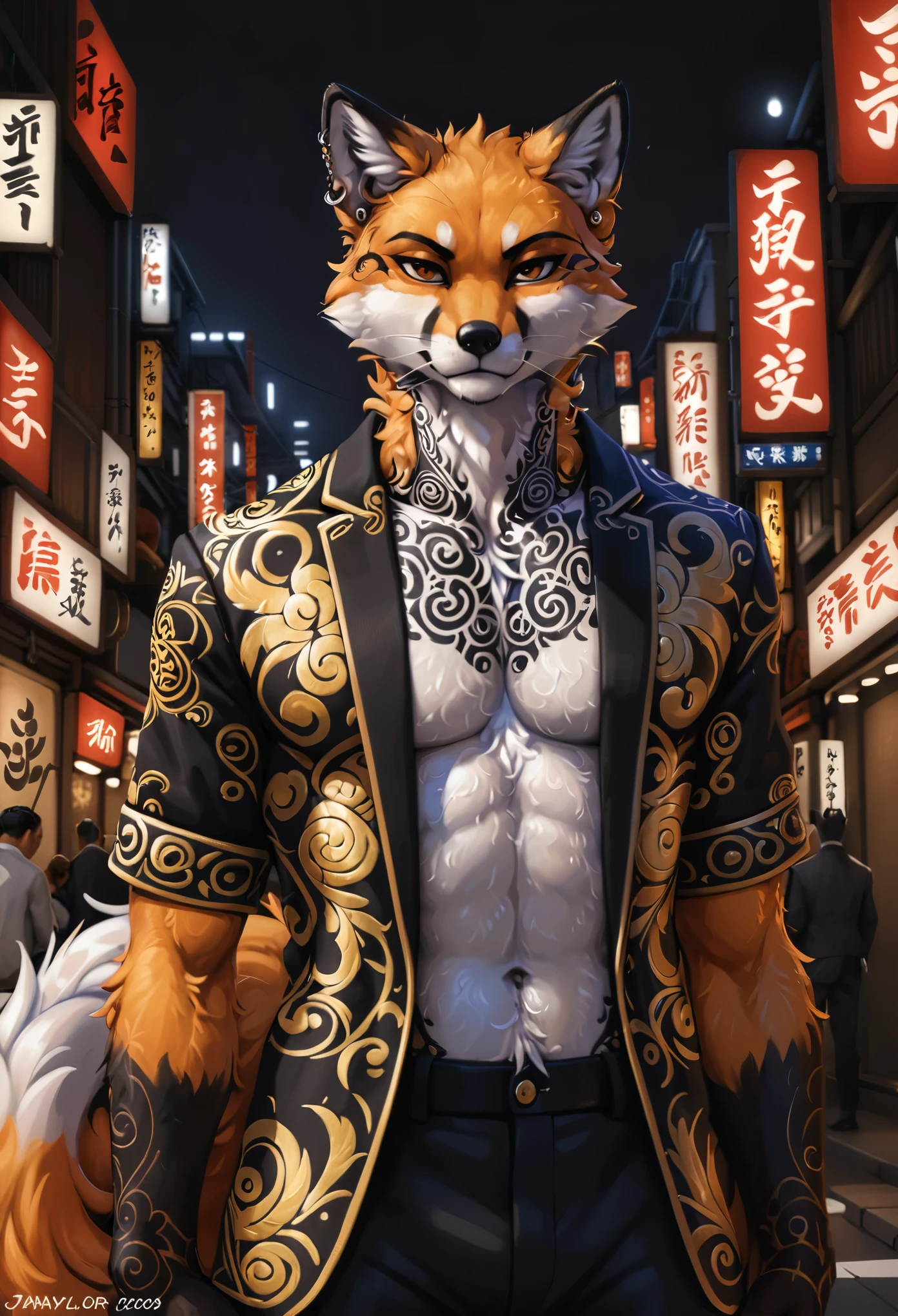 front view, best quality,  full body portrait, wide shot, 

solo, furry anthro fox male, Yakuza style, detailed fur texture, (realistic face and eyes), intricate tattoos, (yakuza symbol:1.4), (sharp claws), piercing gaze, dark background, masterpiece,

[by Alex Timmermans:by jaynaylor:0.25],
detailed background, detailed foreground, depth of field, ambient silhouette, backlighting,

