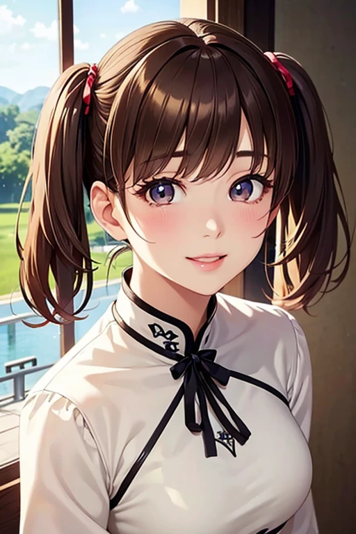 Yumi Fukuzawa、Shiny brown hair,Medium Hair, 、(( , Twin tails、)),Beautiful brown eyes、Sparkling eyes, fine grain、smile、Very fine eye、Very detailed顔, Very detailed目,Cowboy Shot、

(Photorealistic:1.4, 8k), Highest quality, masterpiece, 超High resolution, Perfect dynamic composition,Highest quality, Very detailed, Very delicate and beautiful, High resolution, Very detailedCG, masterpiece,
 
(masterpiece,Highest quality,超High resolution),Japanese women, (((Very beautiful 25 year old girl))), cute、Look at the photographer､  (()), とってもcute顔, Glossy Lips, Double eyelids on both eyes,自然なsmile、 Natural Makeup, Long eyelashes, Shiny and smooth hair､Center image,  Perfect limbs, Perfect Anatomy,(((China dress))),Wet with sweat,