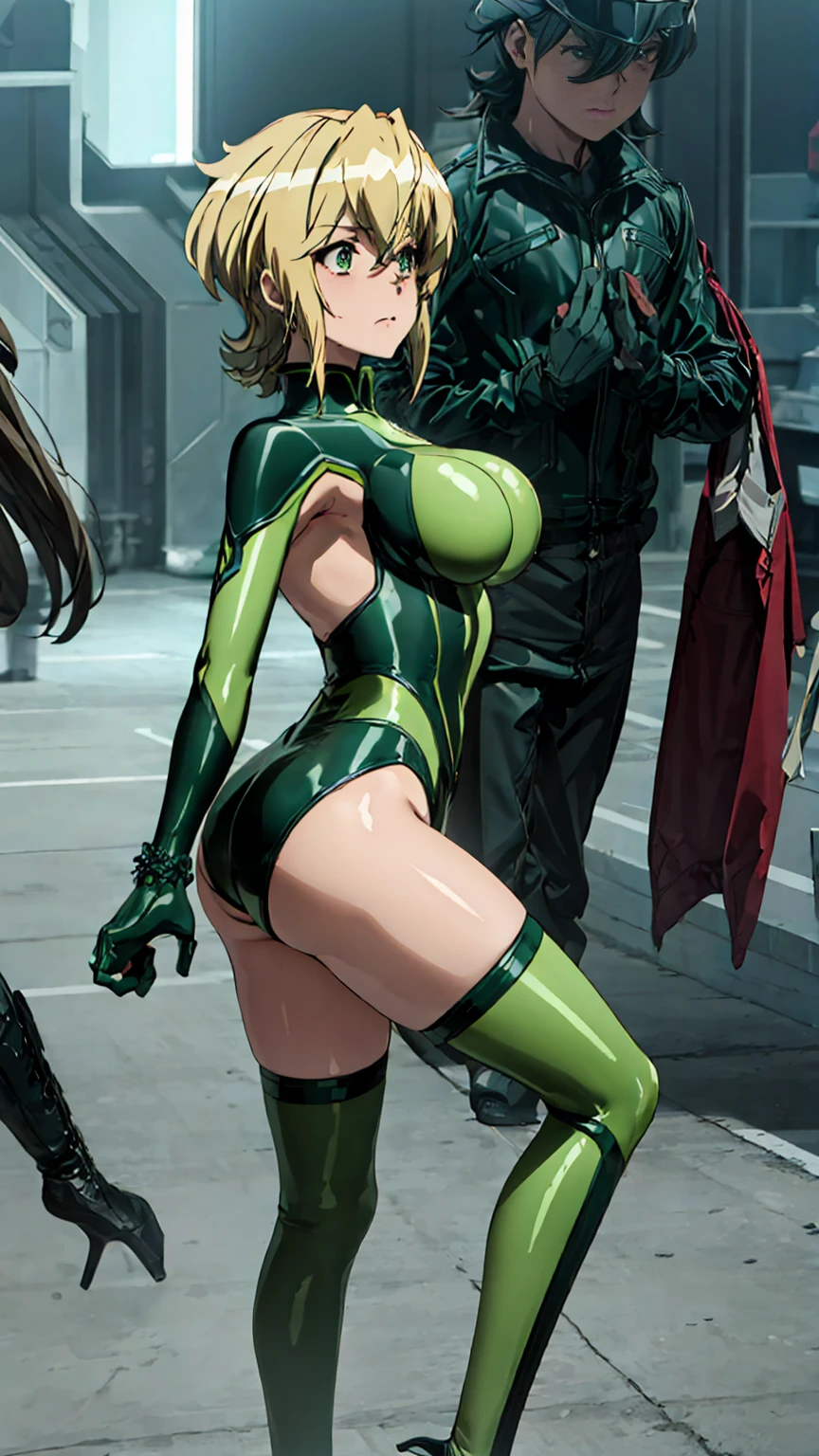 Wearing green latex clothing、Very beautiful and cute、blonde,Dominant appearance、Ideal ratio、Big Breasts、Tight waist、Big Ass、Anatomically correct body structure:1.5、Ron Grove、High heels、Possession of a whip、Light and red candles、Dramatic lighting、Intricate details、Very detailed、8k、Realistic、Sharp focus、Cinematic、A dark and muted color palette、Dramatic shadows and highlights、Glossy glossy texture、underground