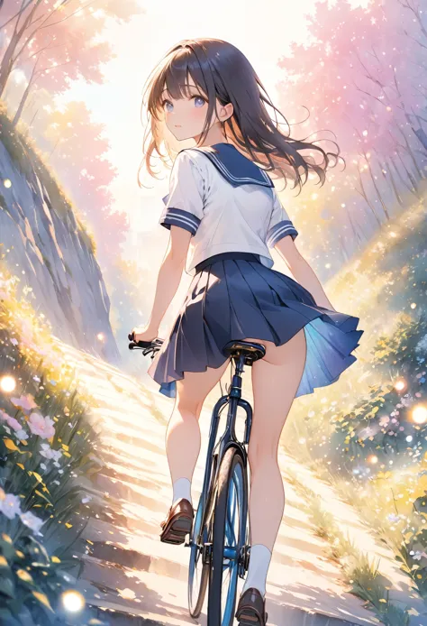 masterpiece, best quality, extremely detailed cg unity 8k wallpaper, anime illustration of a high school girl riding a bicycle d...