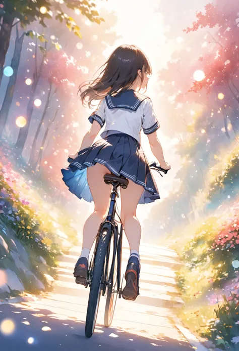 masterpiece, best quality, extremely detailed cg unity 8k wallpaper, anime illustration of a high school girl riding a bicycle d...