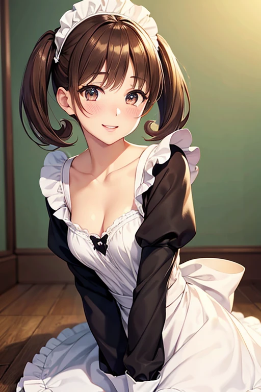 Yumi Fukuzawa、Shiny brown hair,Medium Hair, 、(( , Twin tails、)),Beautiful brown eyes、Sparkling eyes, fine grain、smile、Very fine eye、非常にDetailed face, Very detailed目,Cowboy Shot、

(Photorealistic:1.4, 8k), Highest quality, masterpiece, 超High resolution, Perfect dynamic composition,Highest quality, Very detailed, Very delicate and beautiful, High resolution, Very detailedCG, masterpiece,
 
alone, Beautiful anime girls, Beautiful art style, (Beautiful Eyes), (Detailed face), (blush), Anime CG style, (Mid-chest), Good lighting, Perfect body, Lips parted, Glossy Lips, (Maid minidress), Cleavage,
