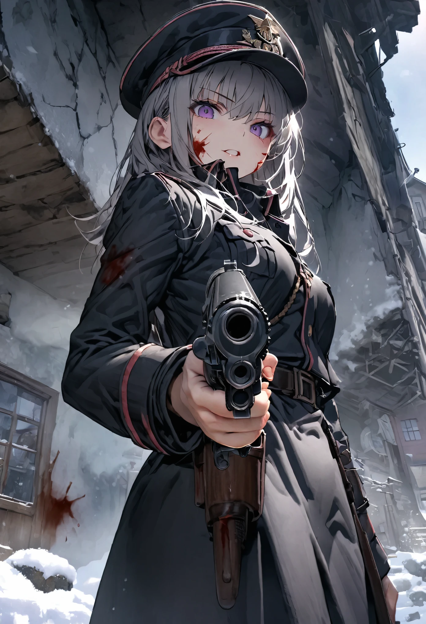 Cowboy Shot，beauty，8k,two，Detailed purple eyes，military cap，Black military uniform，A town covered in snow，She has a gun，Gray Hair，Blood splatter on the face，Hide behind the wall，View from below