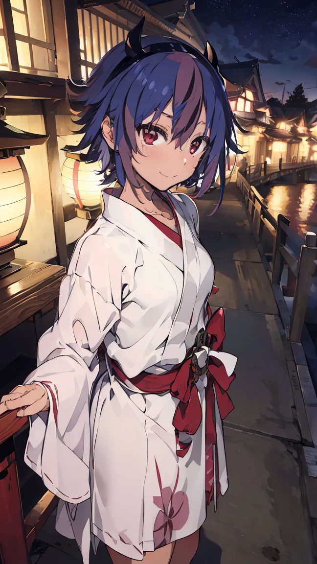 masterpiece, Highest quality, High resolution, Very detailed,(((Mikoto Naruka))), (((smile)))、(((Standing in the distance))), (((yukata))), (((On Bridge))), (((Red railing))), (((Lantern))), (((night))), (((Multicolored Hair))), (((horn))), (((Pink Eyes)))