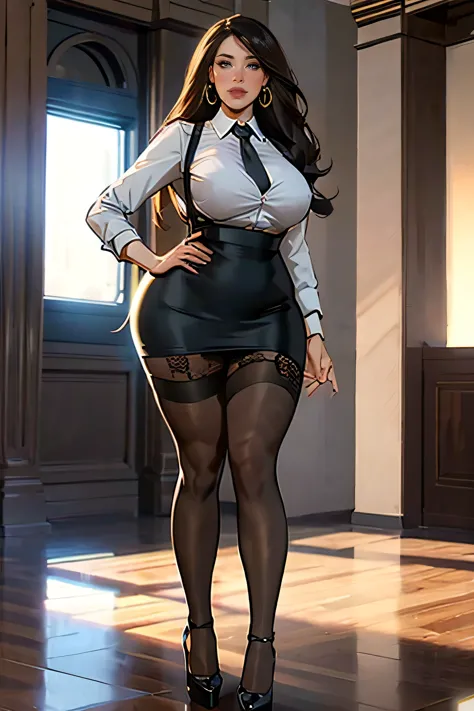 masterpiece, best quality, full body standing, secretary, mini pencil skirt, extremely busty, lace black stockings, platform pum...