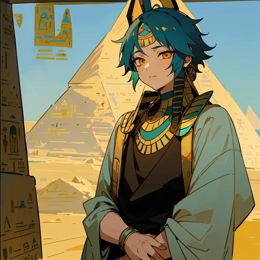 1 boy, Turquoise hair, orange eyes, Arabian style, handsome, 15 years old kid, orange eye liner, soft smile closing eyes, ancient Arabic clothes, Arabian nights, ((((Egyptian style)))), solo