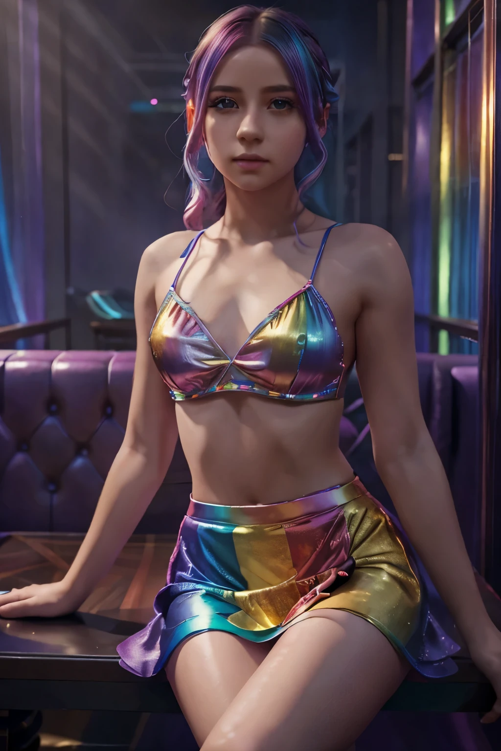 1 girl with rainbow hair, rainbow skirt, sitting in an upscale gentleman's club, intricate details, portrait, photorealistic, high resolution, 8k, best quality, masterpiece, cinematic lighting, vibrant colors, dynamic composition, elegant, sophisticated