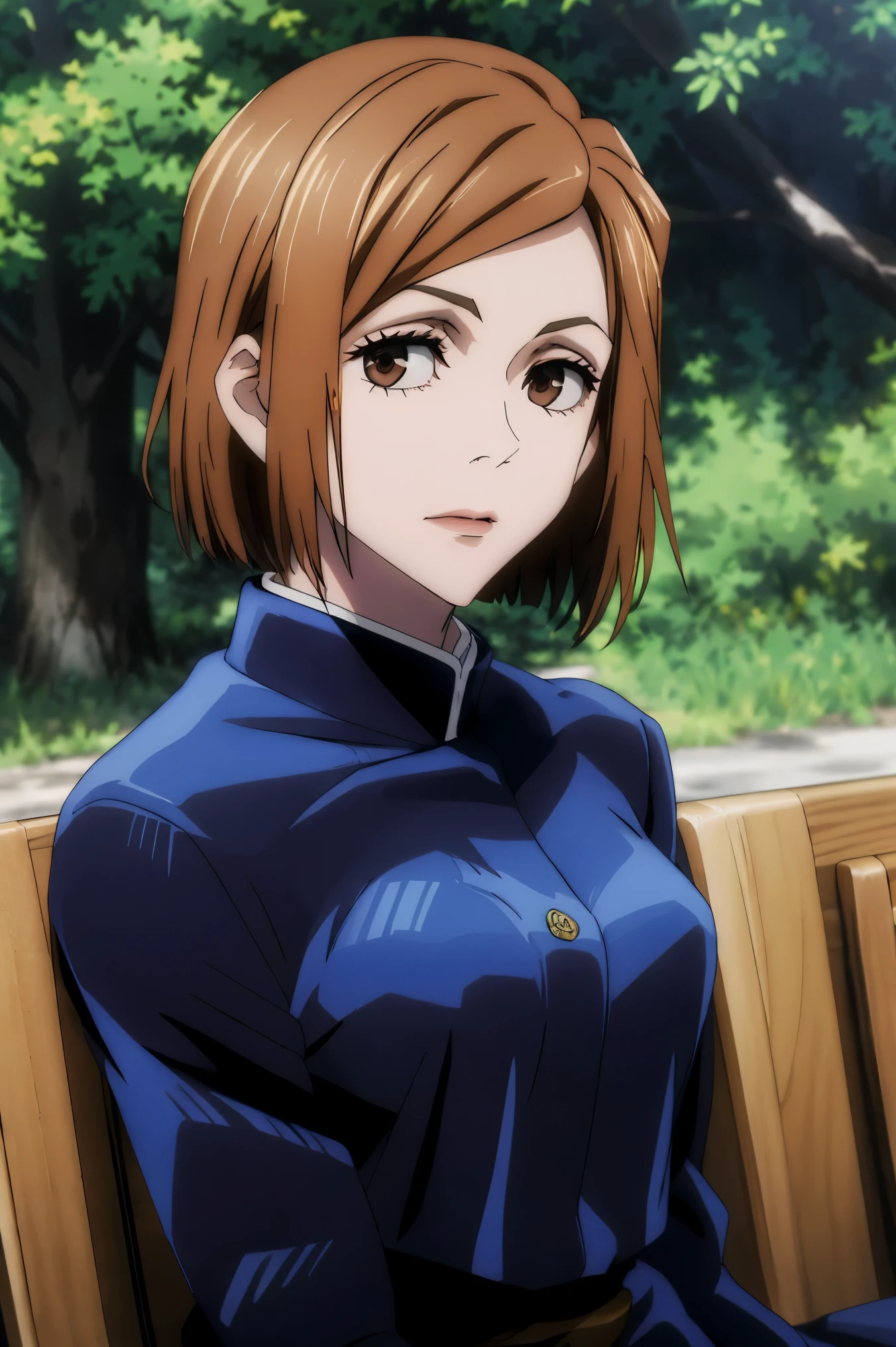 anime, cute girl, long hair in the back with a braid and short hair in the front light brown hair color with a black ushanka on her head light blue eyes sitting on a bench and a uniform, with white skin and 2 moles below both eyes 
