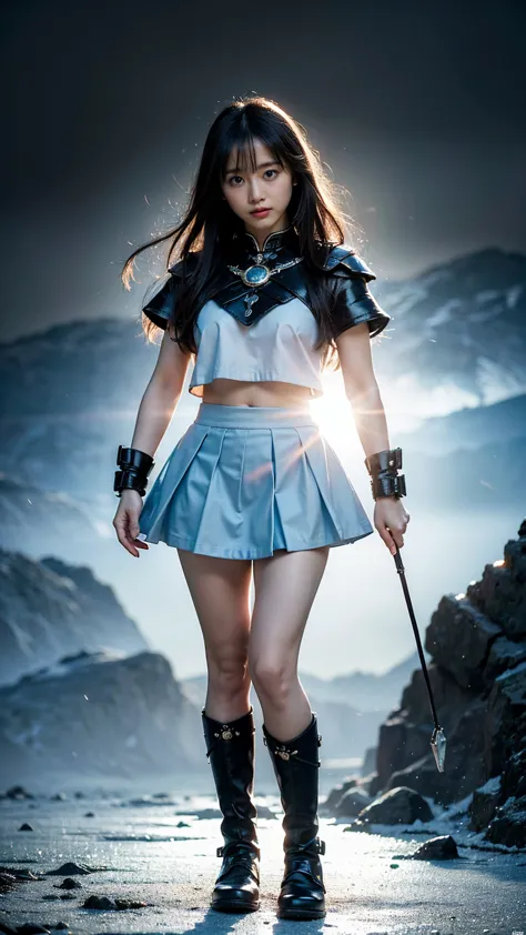 (8k、raw photos、highest quality、masterpiece:1.2)、(realistic、realistic)、1 person、((black and light blue mini skirt、fantasy、warrior...