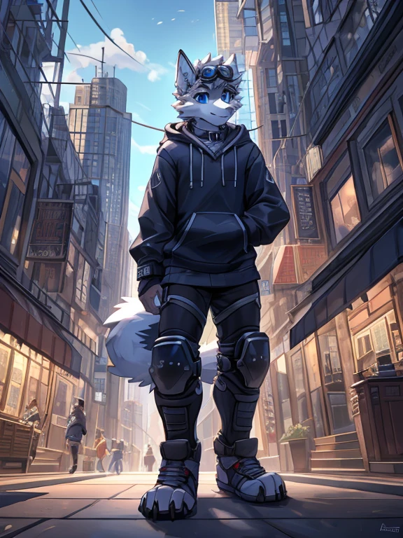 masterpiece, high quality, hi res, solo, teen Furry, furry, teenager, white wolf,  collar, blue eyes, goggles, hoodie，elbow pads, knee pads, masterpiece, No muscles, Detailed hands, detailed face, detailed eyes, detailed body, Flat body, Skinny, claws, high resolution, city, stand.