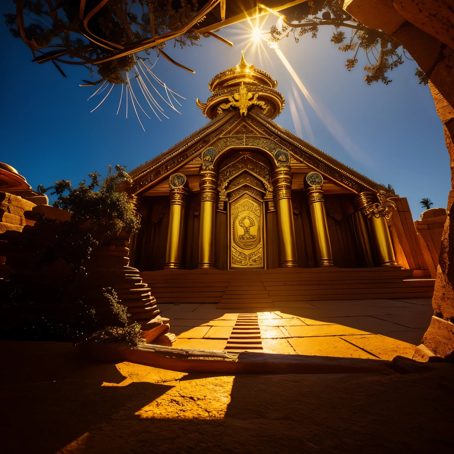 heavy metal, open space, skylight, day, sun, Temple of evil deity, gold decoration, bright lighting, fantasy, snake ornament, spider ornament