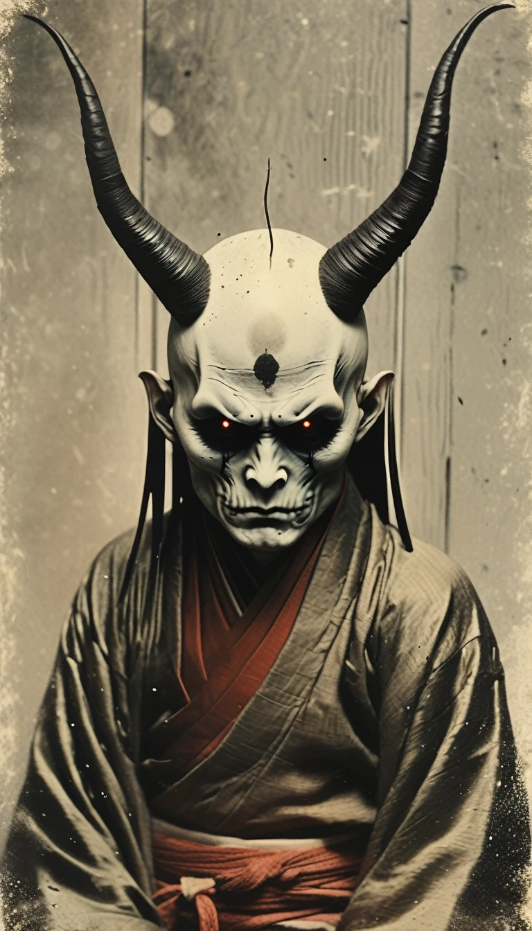 ghost、Baldhead、Only the head is abnormally large、There is a red and black lump on the forehead,The horns grow out、cry、Wearing a Kimono,Dirty skin color、