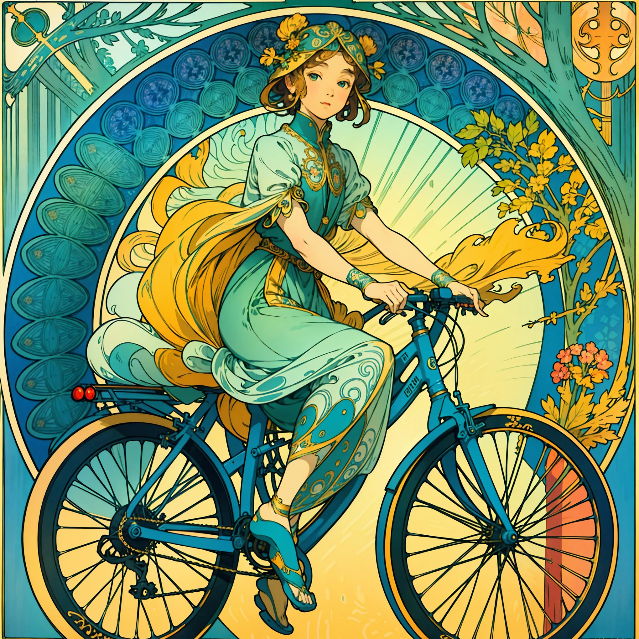 illustration of detailed  (bicycle:1), material, Coloring, art, Beautiful picture, Background adorned with natural ornaments, Colorful colors, アールヌーボーMr.式で装飾された, (Mucha style:1.4), Perfect details, Genuine. Mr.々decorative, Tarot Cards,