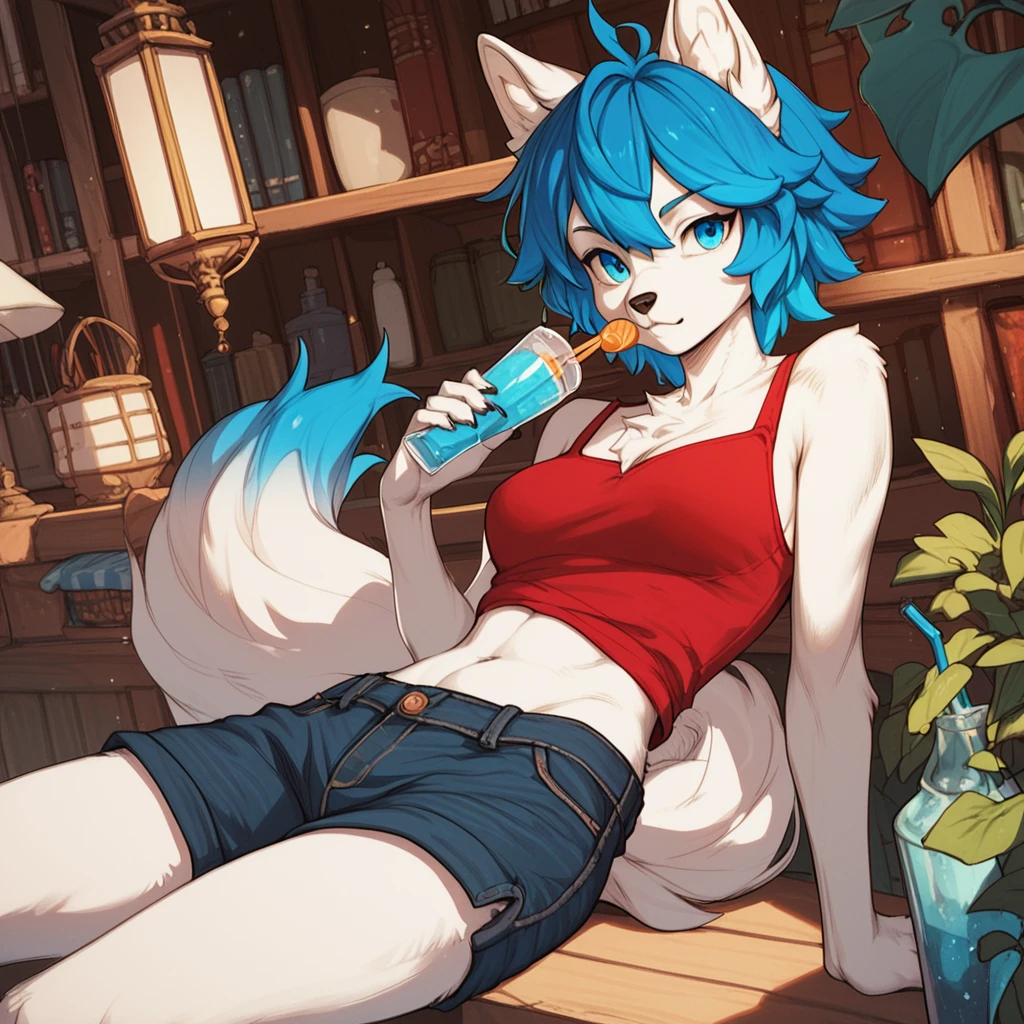 score_9, score_8_up, score_7_up, score_6_up, score_5_up, score_4_up, anime, Anthropomorphic character, white wolf, blue details on the belly and arms, red top, dark blue shorts, blue colored eyes, short blue hair