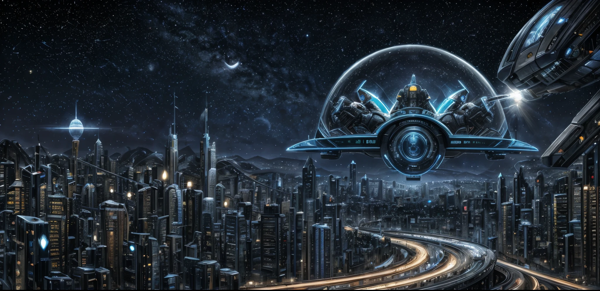 High resolution, high quality, Ultra high definition, Illustration effect for posters and magazines, Future cityscape, Streetscape, Huge transparent dome, Flying Car, Robots and AI, Starry sky and spaceship, Night view,Fantastic fantasy art, In town