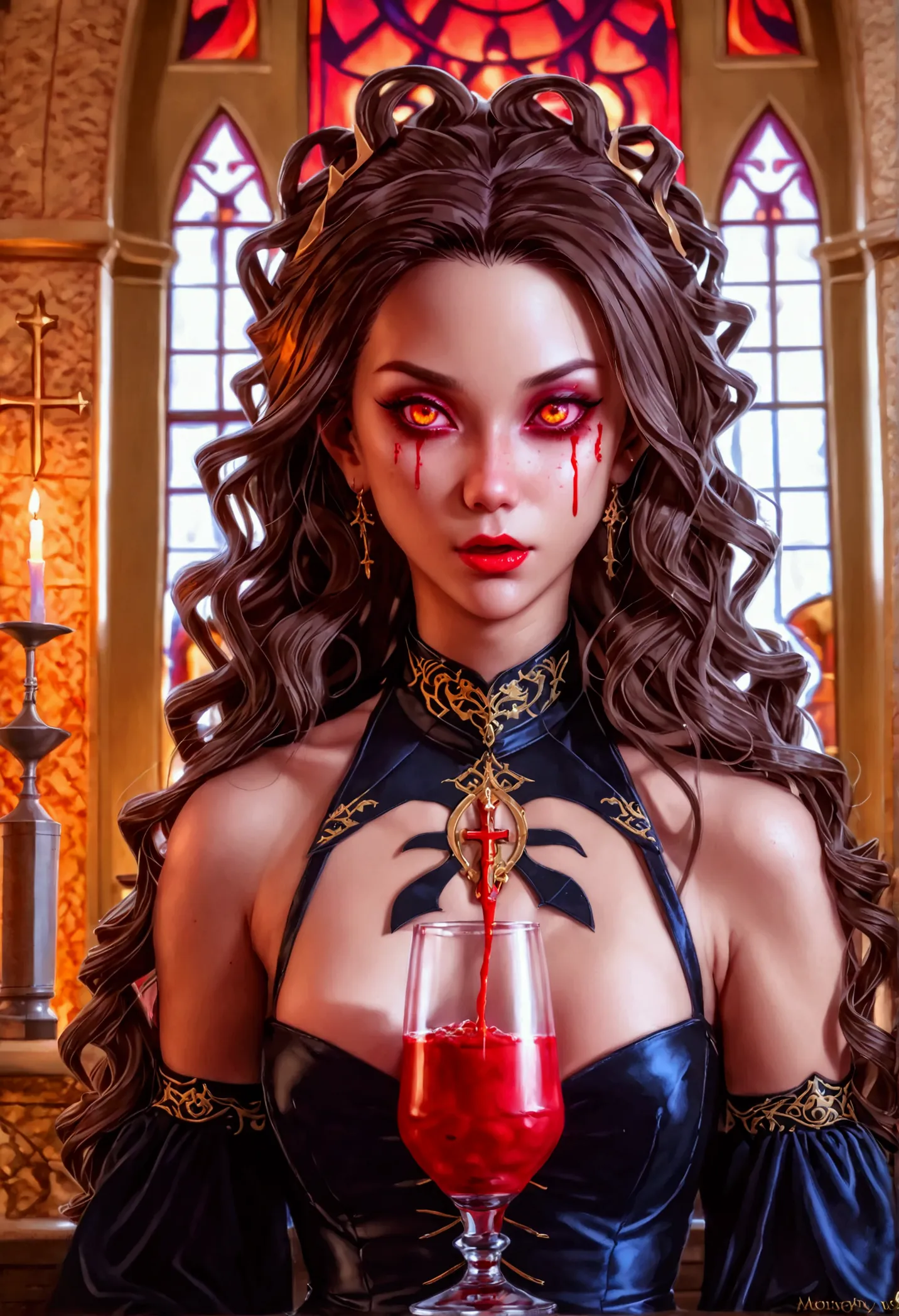 arafed, dark fantasy art, glamour shot, award winning shot, photorealistic, a portrait of a female vampire drinking a ((glass of...