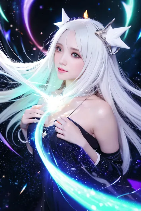 anime girl with long white hair and a star in her hair, white haired deity, anime girl with cosmic hair, star(sky) starry_sky, a...