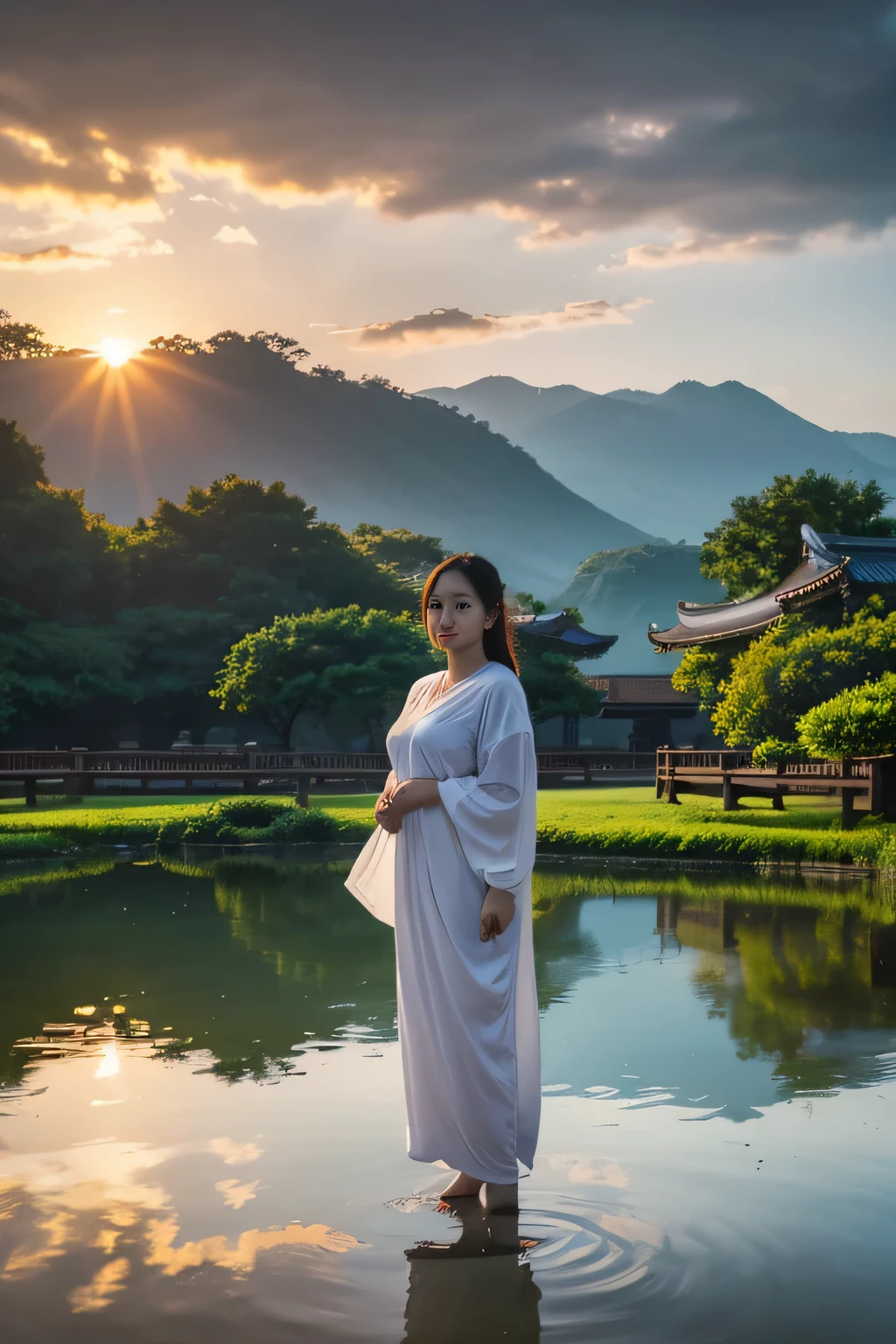 SFW, 1girl, solo focus, pov, very wide shot, landscape, east asian architecture, sunlight, sunrise, floating, cloud, sky, rain, water, full body, outdoors, scenery, depth of field