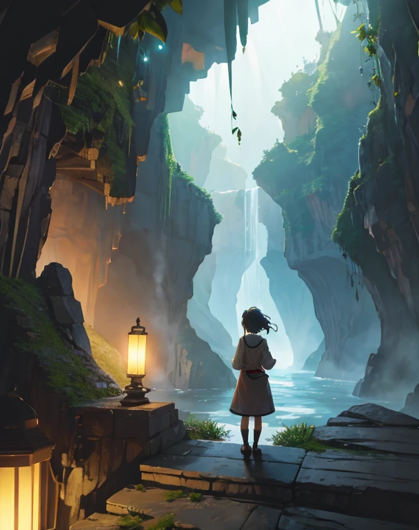 Create exquisite illustrations reminiscent of Makoto Shinkai's style, It has ultra-fine details and top-notch quality. Create an illustration of a fantastical and nostalgic cave exploration scene where a minecart is traversing through the cave, illuminated by lanterns. In the minecart, a young girl is excitedly exploring the cave, marveling at the colorful gemstones embedded in the cave's walls. The cave's walls are adorned with a variety of colorful gemstones, each emitting a mesmerizing and unique hue. These gemstones cast a magical radiance throughout the cave's interior, creating a wondrous and captivating atmosphere. The scene captures the spirit of adventure and the allure of uncovering hidden treasures within the depths of this mystical cavern.