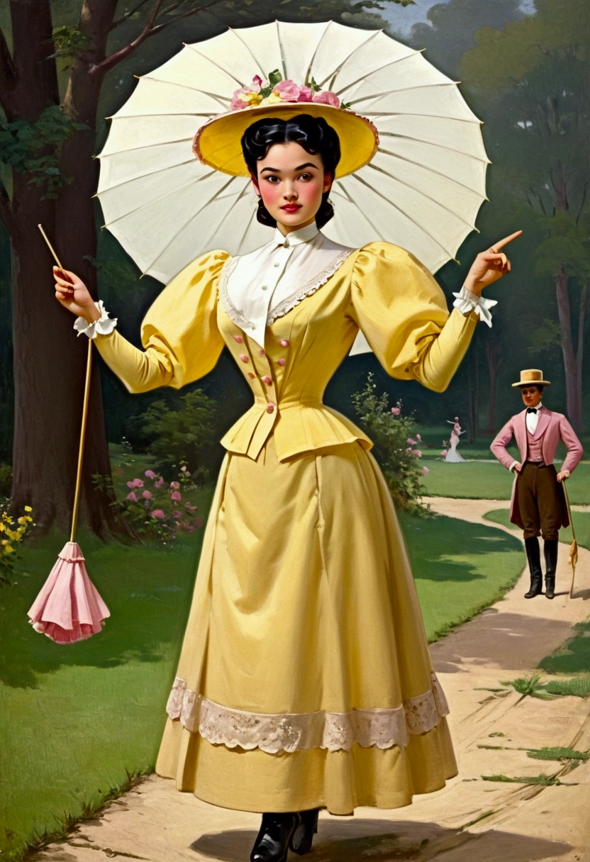 Year 1899. Veronica Lodge as an attractive, slutty 15yo brunette socialite daintily carrying a parasol, pinky finger raised. Yellow 1890_dr3ss and hat. High-collar long sleeve top, long skirt. Lifting her skirts, revealing her petticoats, stockings and boots 