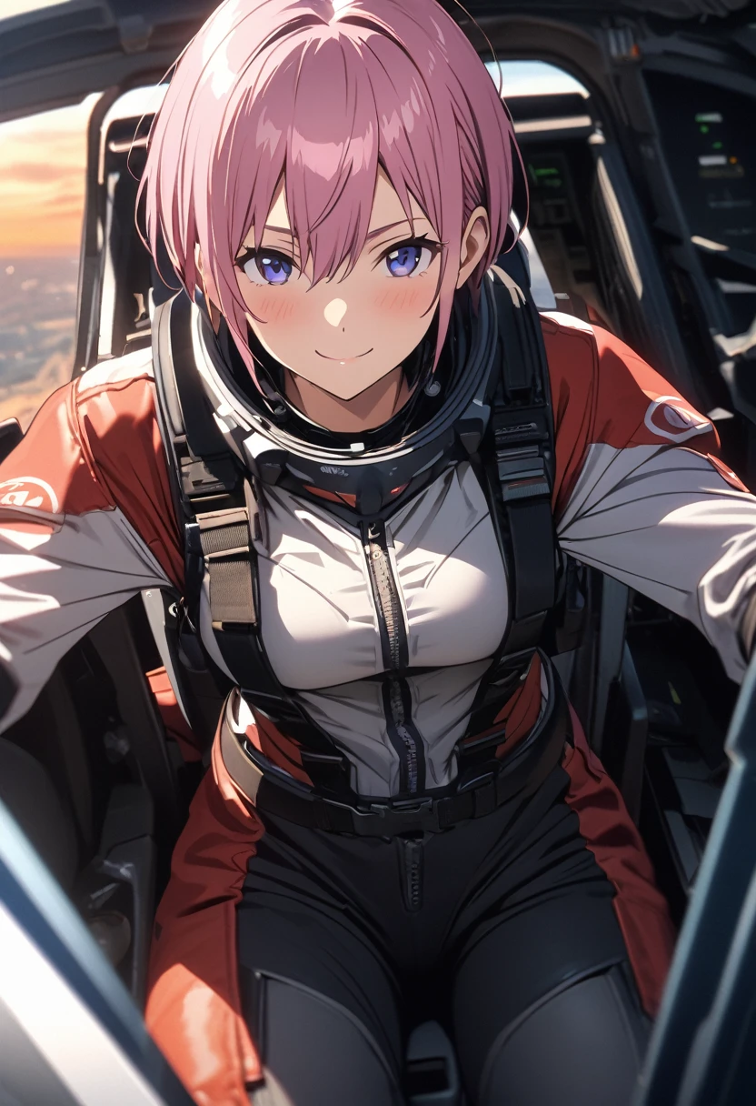 (Highest quality, 4K, 8k, High resolution, masterpiece:1.2), Very detailed, Picturesque, Anime style photo, Photo Anime:1.37)、Japanese、(Pink hair)、(pixie cut)、smile、Black choker、F-16 Cockpit、fighter pilot suit、Nakano Ichika