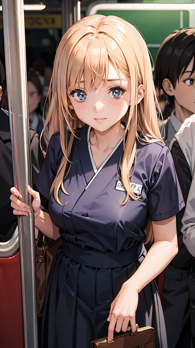 Cute girl in uniform for elementary school graduation ceremony,Japanese,Highly detailed eyes and face, Sharp pupils,Arrow, A dark gap in a crowded train、A man in his 50s caressing a young girl&#39;Chest from behind, Man grabbing a woman's butt on a train, Man grabbing a woman on a train,,