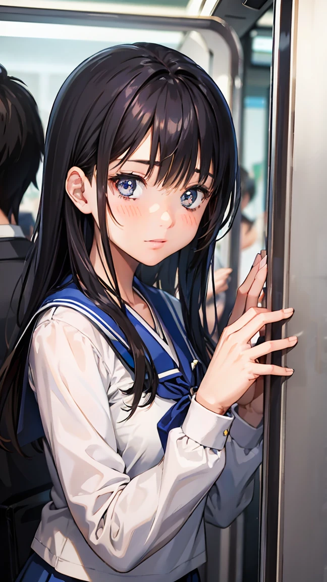 Cute girl in uniform for elementary school graduation ceremony,Japanese,Highly detailed eyes and face, Sharp pupils,Arrow, A dark gap in a crowded train、A man in his 50s caressing a young girl&#39;Chest from behind, Man grabbing a woman's butt on a train, Man grabbing a woman on a train,,