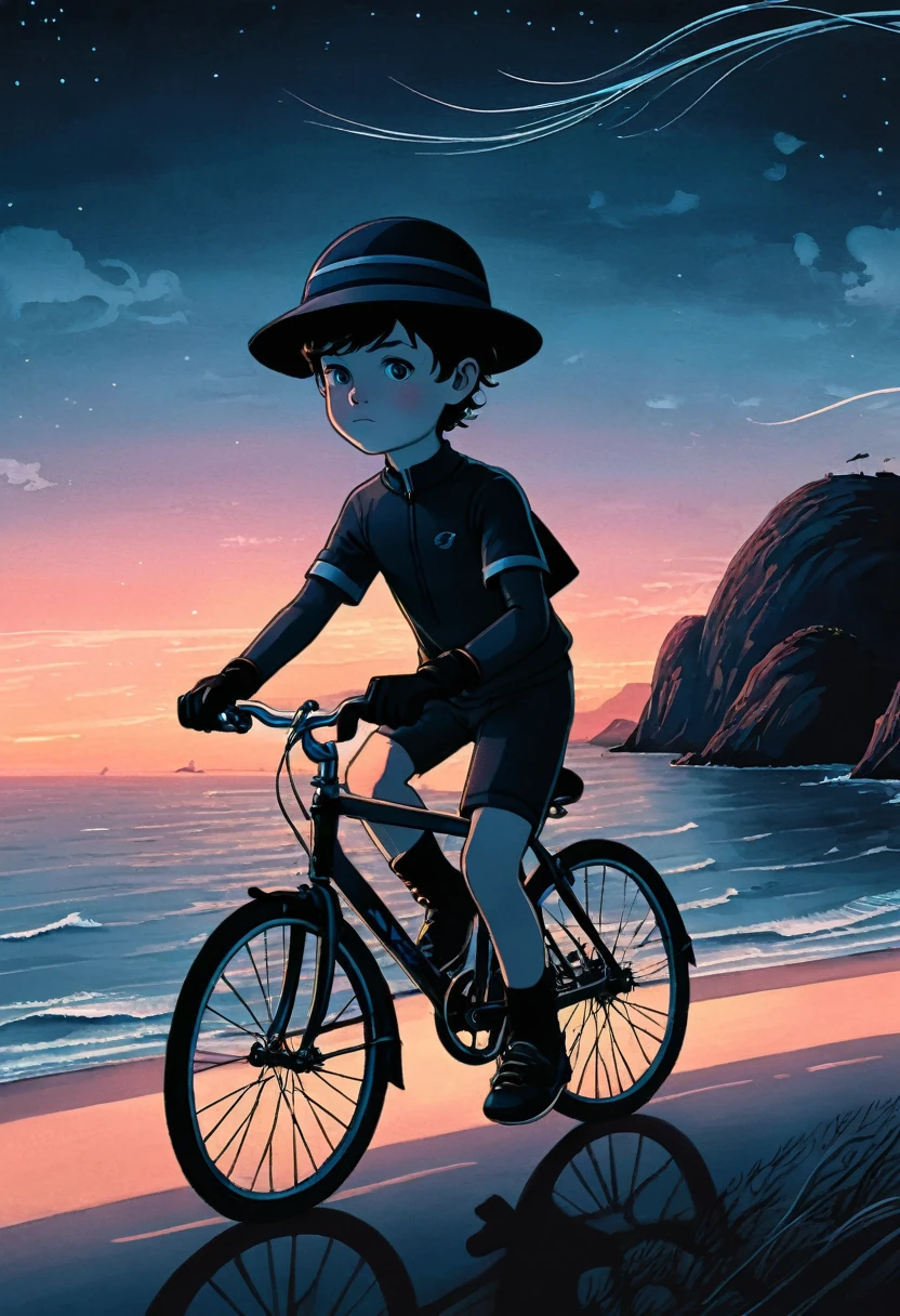 
                     ( Correct and perfect anatomy ) A boy wearing a hat rides a bicycle (close up)  (Well-fitting cycling clothing),(Gloves)  Cycling silhouette on beautiful coastline high dynamic wind speed lines exquisite detailed perfect background is late twilight evening coastline twilight scene sky gradually darkening light getting darker，Beautiful light and shadow art creates a mysterious atmosphere. Highly detailed digital art with soft colors. Surreal high-definition pictures.