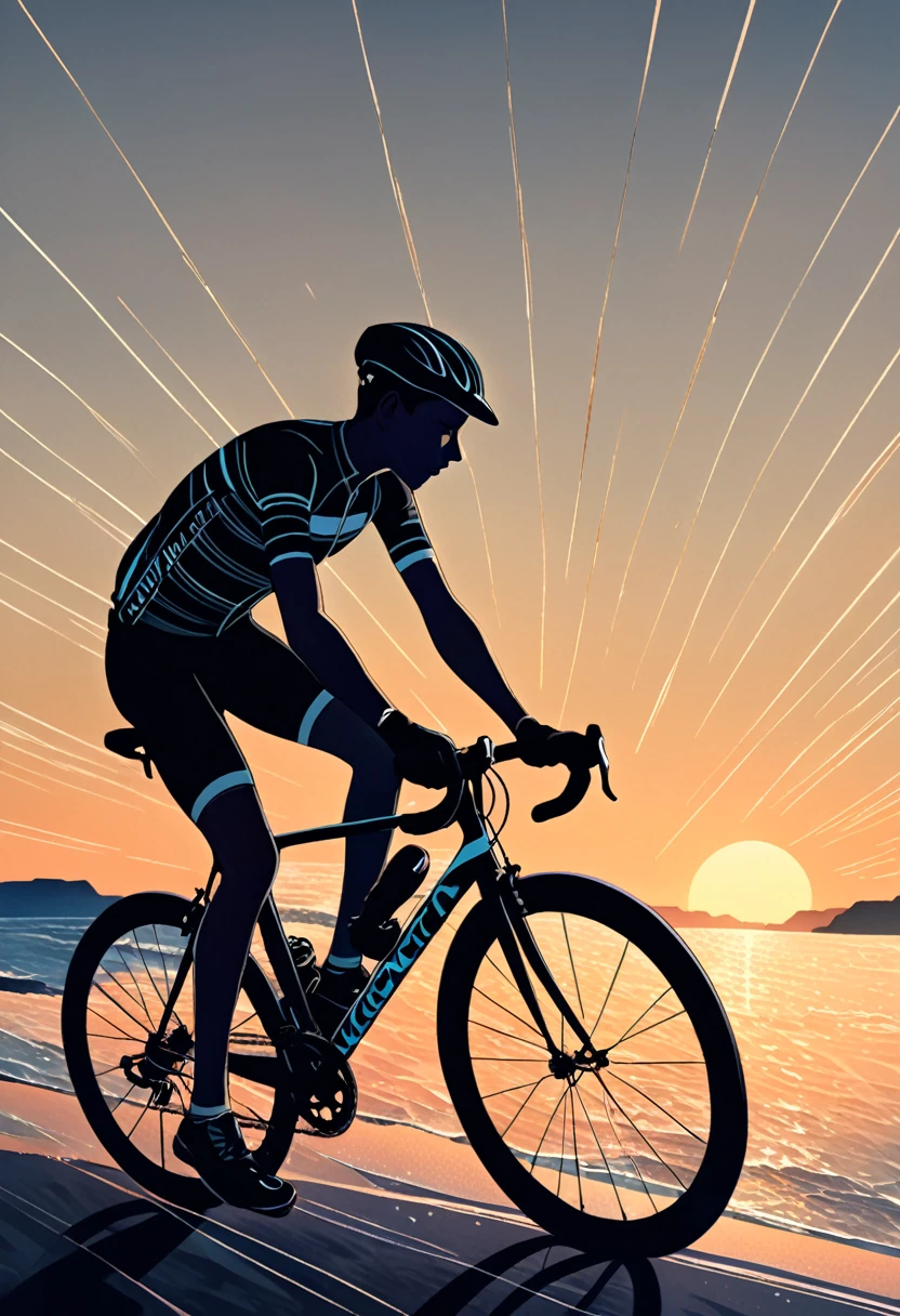 
                     ( Correct and perfect anatomy ) A boy wearing a hat rides a bicycle (close up)  (Well-fitting cycling clothing),(Gloves)  Cycling silhouette on beautiful coastline high dynamic wind speed lines exquisite detailed perfect background is late twilight evening coastline twilight scene sky gradually darkening light getting darker，Beautiful light and shadow art creates a mysterious atmosphere. Highly detailed digital art with soft colors. Surreal high-definition pictures.