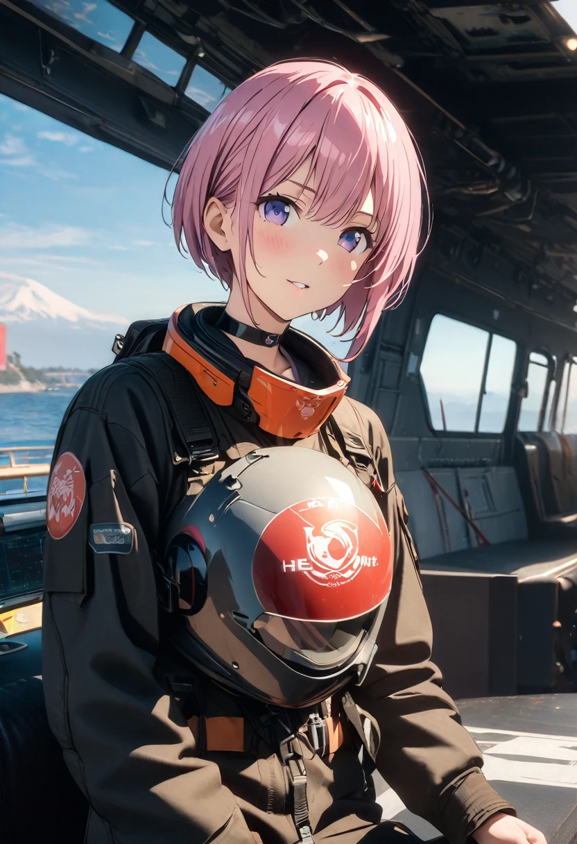 (Highest quality, 4K, 8k, High resolution, masterpiece:1.2), Very detailed, Picturesque, Anime style photo, Photo Anime:1.37)、Japanese、(Pink hair)、(pixie cut)、Aircraft carrier deck、Black choker、fighter pilot suit、He has a pilot helmet with Ichika's logo on it、Panoramic view、Nakano Ichika