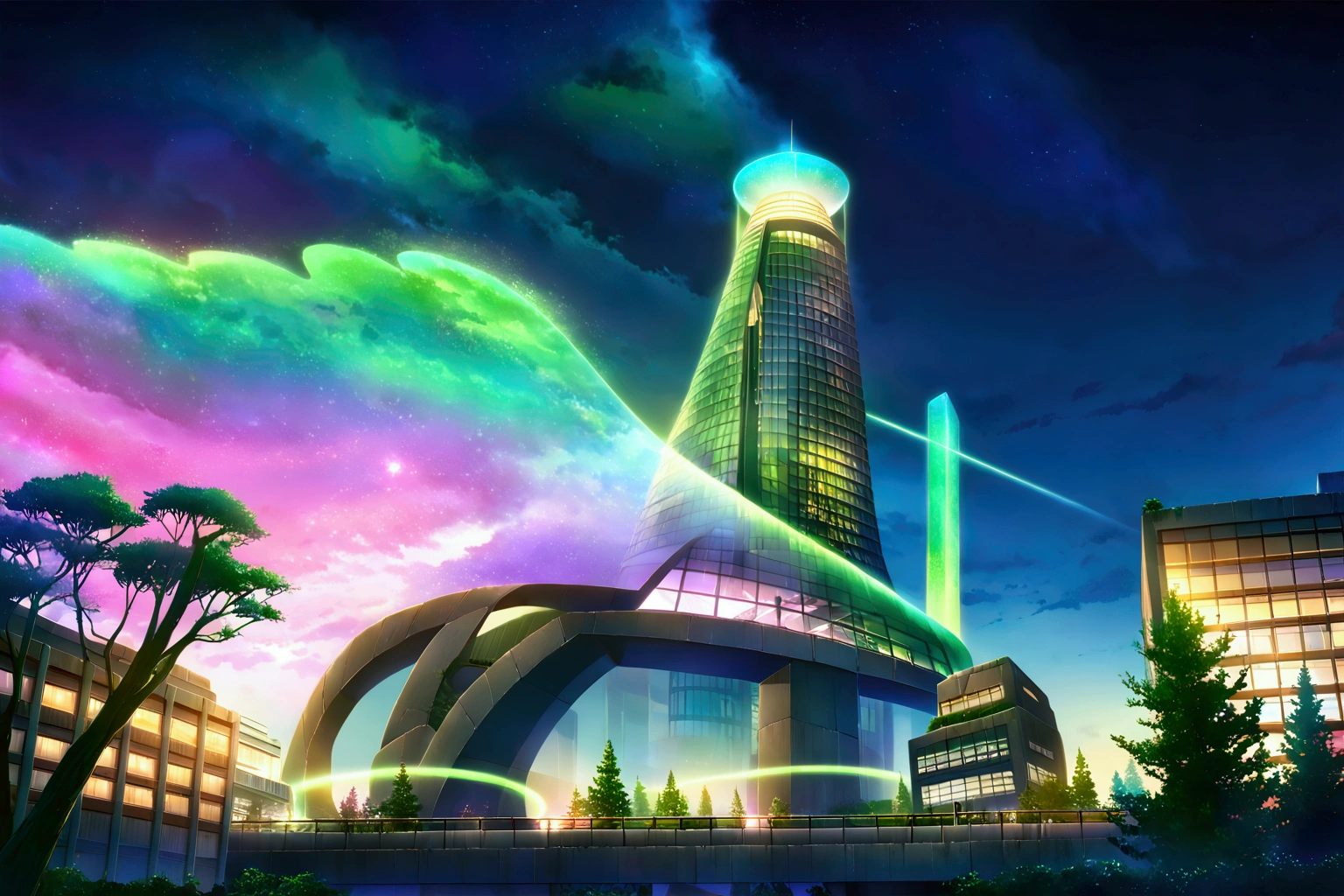 A highly detailed anime- Architecture, Ghibli studio style, masterpiece, official art, professional, ((ultra-detailed)), 8k, , city where everything is made of concrete, reflective surfaces and mirrors, creating infinite reflections and a sense of endless space. The architecture is abstract and futuristic, with floating buildings and pathways made of light. The sky is a shifting blend of colors, with auroras and shimmering lights creating an ethereal atmosphere. The city is inhabited by ethereal beings who navigate the mirrored landscape with grace and fluidity