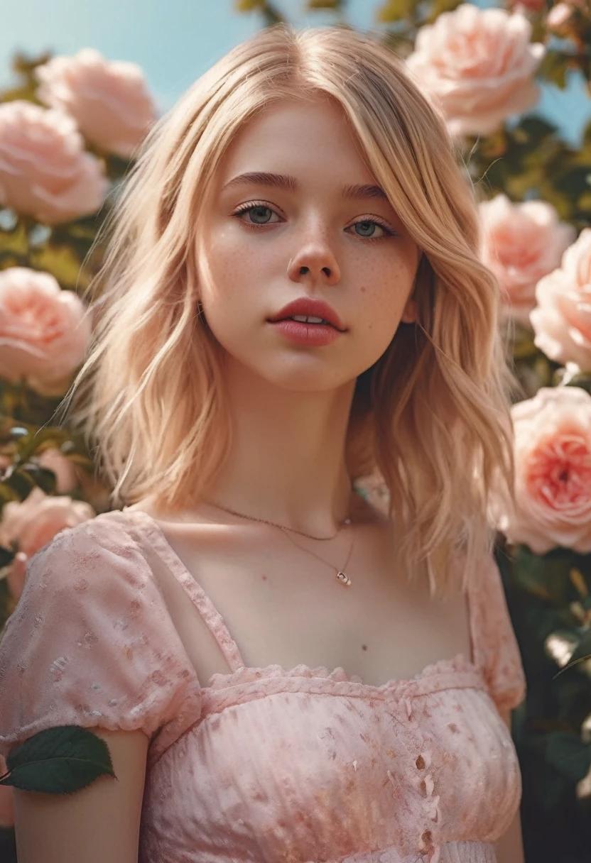 8 K, photo and gross, Fujifilm, Stylish photo of a beautiful 18 year old young girl, like Avril, in a light pink rose garden,having sex. (very detailed skin: 1.2) Style-Petal BREAK короткие волосы, blonde hair with colored highlights, in a dress, granularity, 35 mm, Beautiful style, highly detailed polished texture, realistic texture, digital painting, highly detailed photo