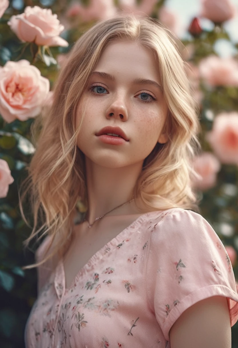 8 K, photo and gross, Fujifilm, Stylish photo of a beautiful 18 year old young girl, like Avril, in a light pink rose garden,having sex. (very detailed skin: 1.2) Style-Petal BREAK короткие волосы, blonde hair with colored highlights, in a dress, granularity, 35 mm, Beautiful style, highly detailed polished texture, realistic texture, digital painting, highly detailed photo