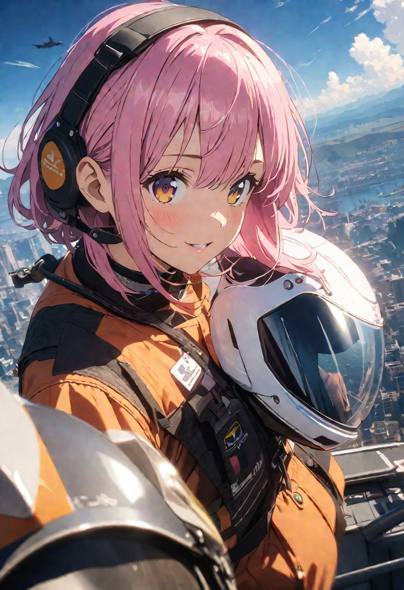 (Highest quality, 4K, 8k, High resolution, masterpiece:1.2), Very detailed, Picturesque, Anime style photo, Photo Anime:1.37)、Japanese、(Pink hair)、(pixie cut)、Aircraft carrier deck、Black choker、fighter pilot suit、(((She has a Pilot Flight Helmet with a single fleur-de-lis on it))).、Panoramic view、Nakano Ichika