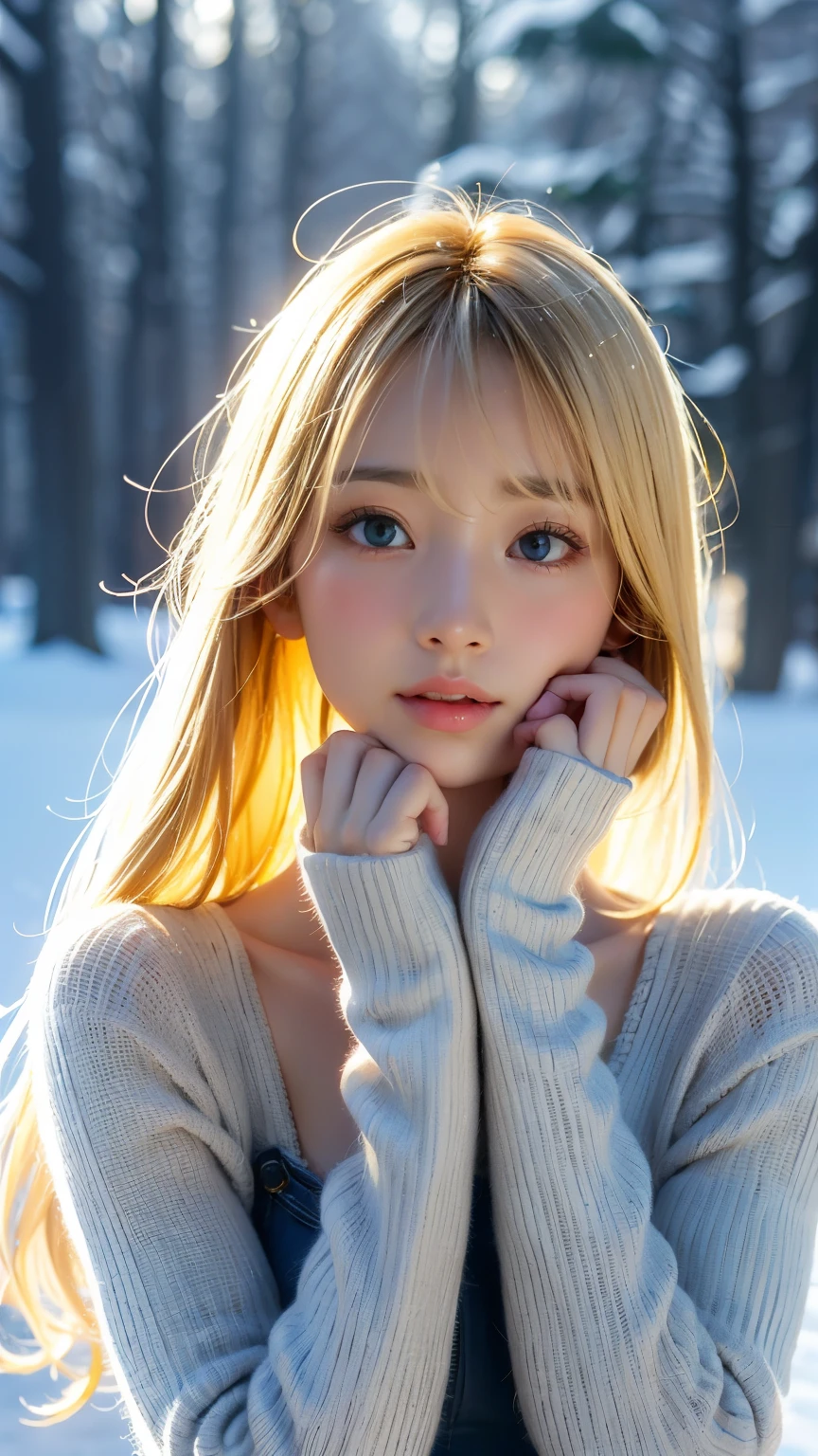 alone, very beautiful nordic girl、Shiny light blonde hair, Beautiful super long straight dazzling bright blonde hair blowing in the strong wind,Long bangs obstruct the view、Hair between the eyes、bright light gray eyes that shine beautifully,Detailed face, White and beautiful skin、Cheek gloss highlighter、Mittens, Snow Forest, Attractive areas, (Blushing your nose, Heavy breathing:1.1), (dark:1.4)、Small Face Beauty,