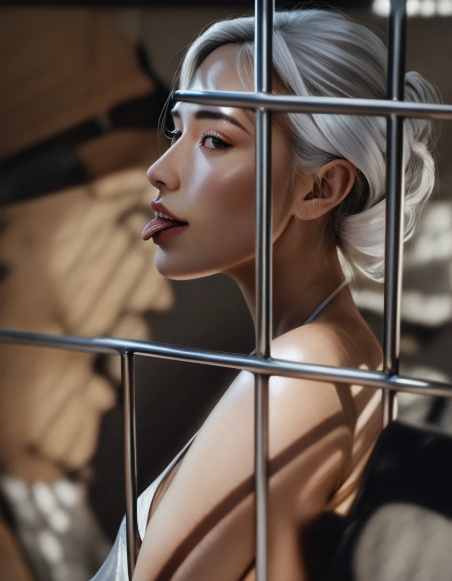 Hot sexy scared Asian supermodel girl in a jail cell with a white bearded biker man outside holding the bars sticking his tongue out, sexy, beautiful, gorgeous, photorealistic, ultra realistic, detailed, detailed face, high res, short hair, fear