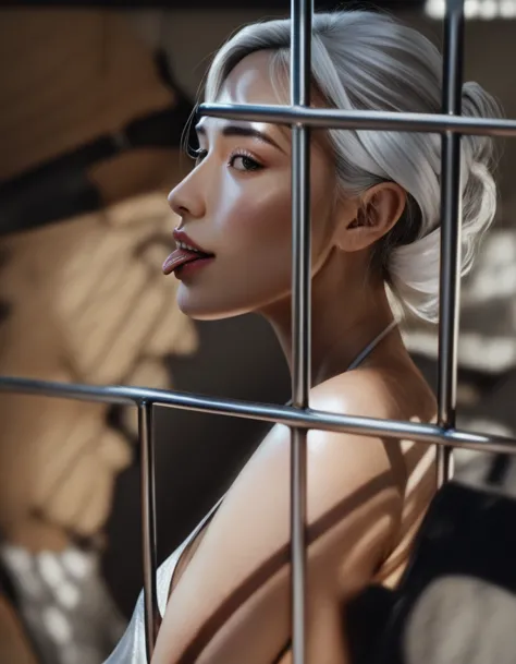 hot sexy scared asian supermodel girl in a jail cell with a white bearded biker man outside holding the bars sticking his tongue...