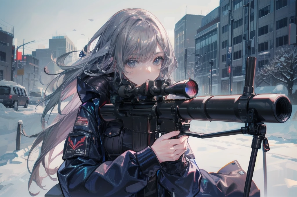 One Woman,Sniper兵,sniper rifle,Barrett M72,Playing a very long barrel, ((blue eyes,Gray Hair)) the woman is a survival game avatar,battle royale,Sniper,Close one eye,Target