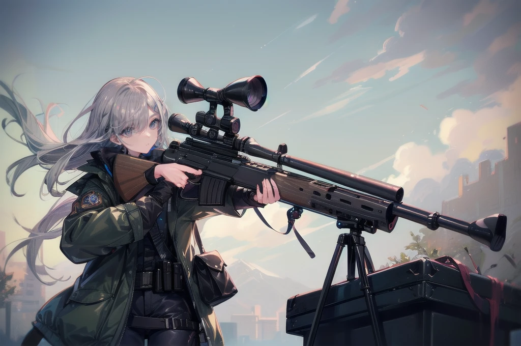 One Woman,Sniper兵,sniper rifle,Barrett M72,Playing a very long barrel, ((blue eyes,Gray Hair)) the woman is a survival game avatar,battle royale,Sniper,Close one eye,Target